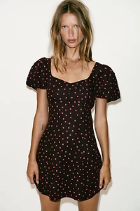 LINEN BLEND BALLOON SLEEVE POLKA DOT DRESS