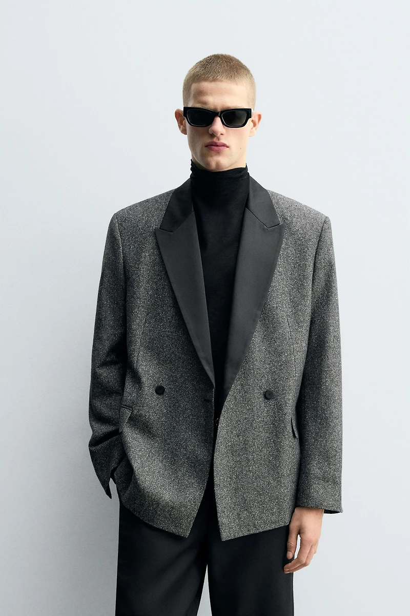 DOUBLE BREASTED CONTRASTING TEXTURED BLAZER