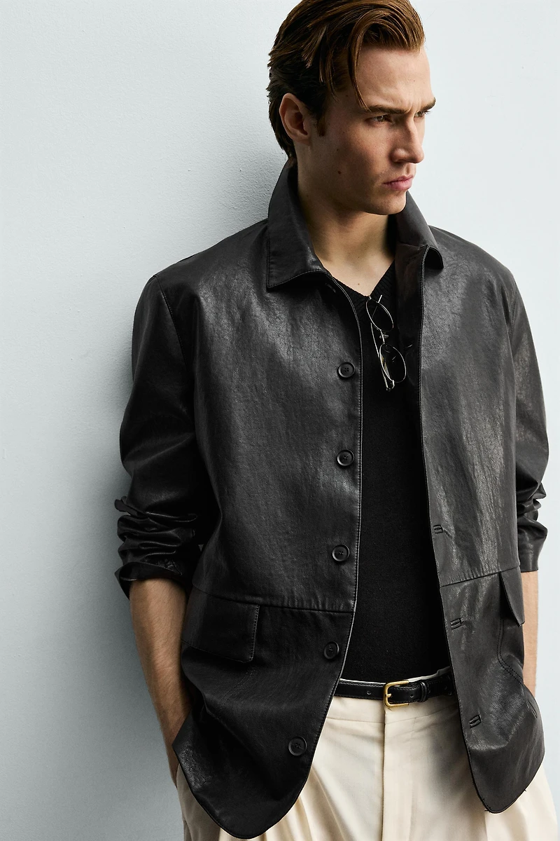 FAUX LEATHER RELAXED FIT OVERSHIRT