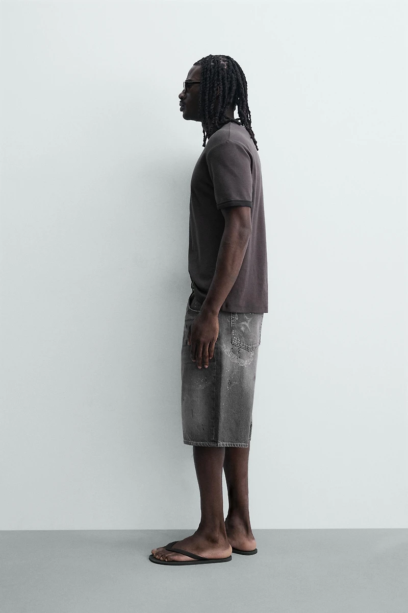 CHAIN EFFECT WASHED DENIM SHORTS