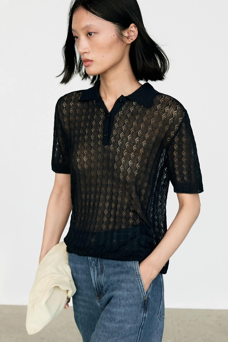 Open-knit polo sweater