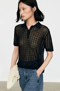 Open-knit polo sweater