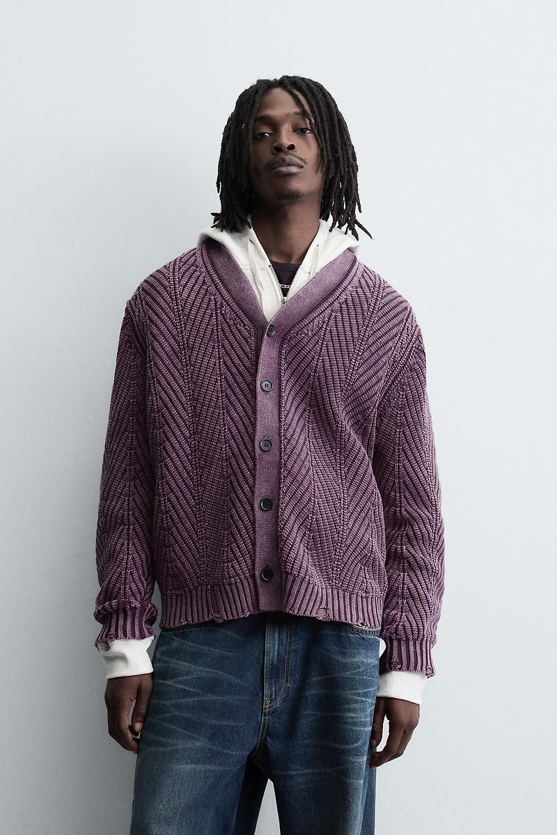 TEXTURED CARDIGAN WITH DISTRESSED EFFECT