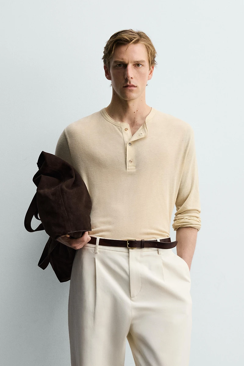 VISCOSE LINEN BLEND HENLEY T-SHIRT