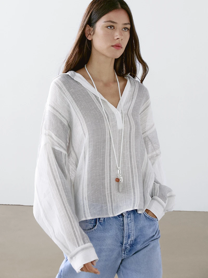Flowing striped linen blend blouse