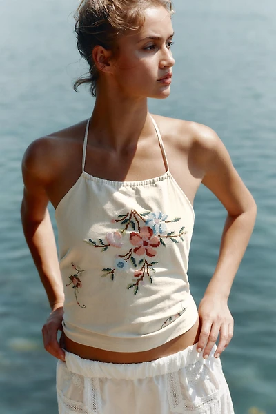 FLORAL EMBROIDERED HALTER TOP