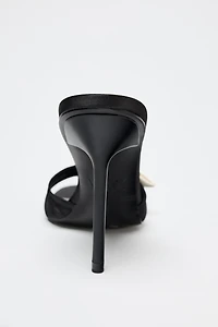 SATIN EFFECT FLOWER HEELED SANDALS