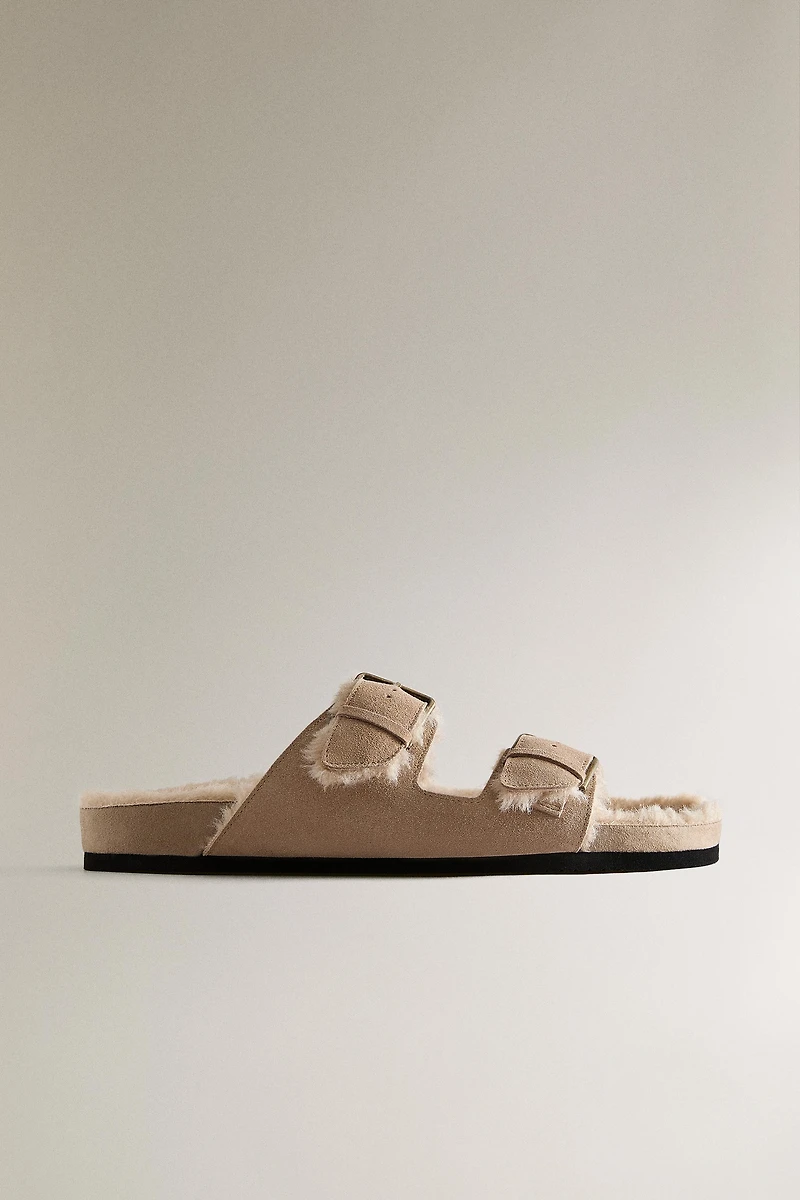 SANDALES CHAUDES EN CROÛTE DE CUIR À DOUBLE BOUCLE