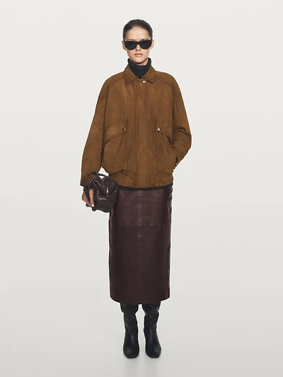 Suede leather bomber jacket with pockets