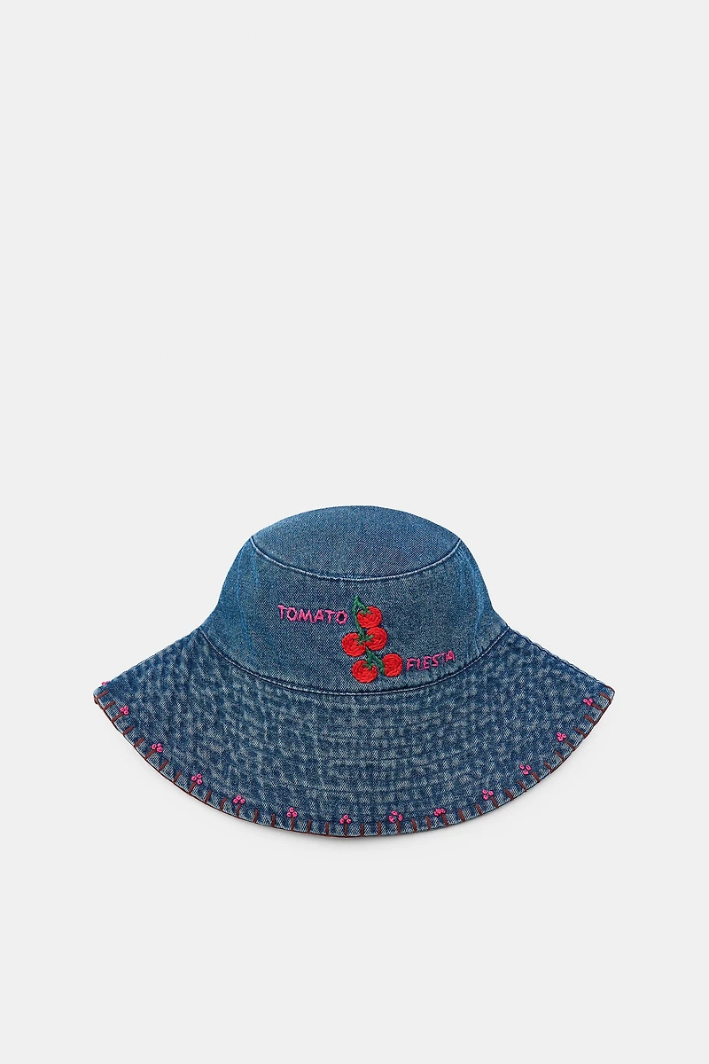 TOMATO EMBROIDERED DENIM BUCKET HAT