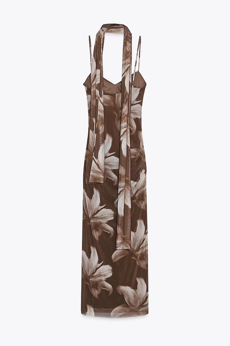 TULLE PRINT MIDI DRESS WITH FOULARD