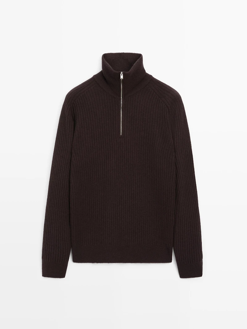 High-neck zip-up jumper wool blend