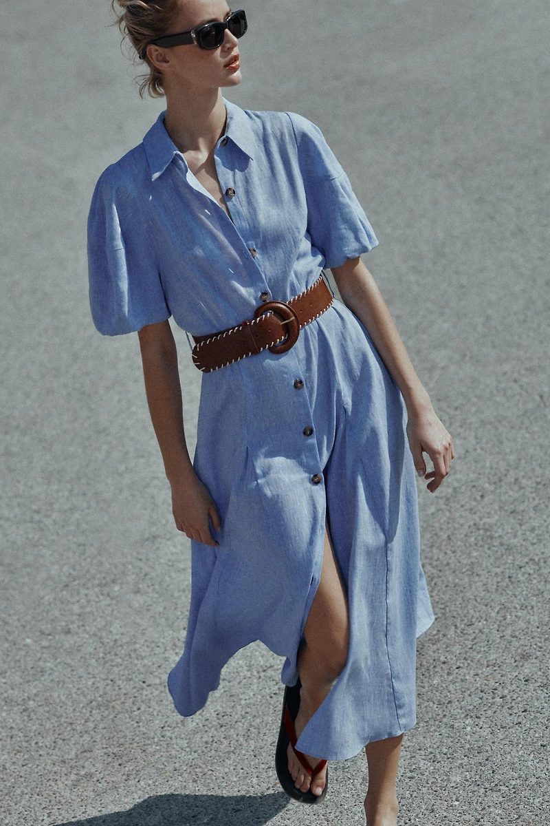 BELTED LINEN MIDI DRESS