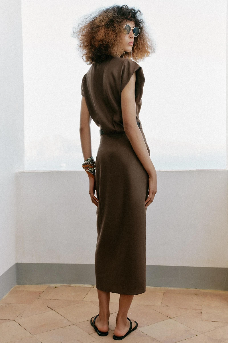 LINEN BLEND MIDI DRESS WITH BELT