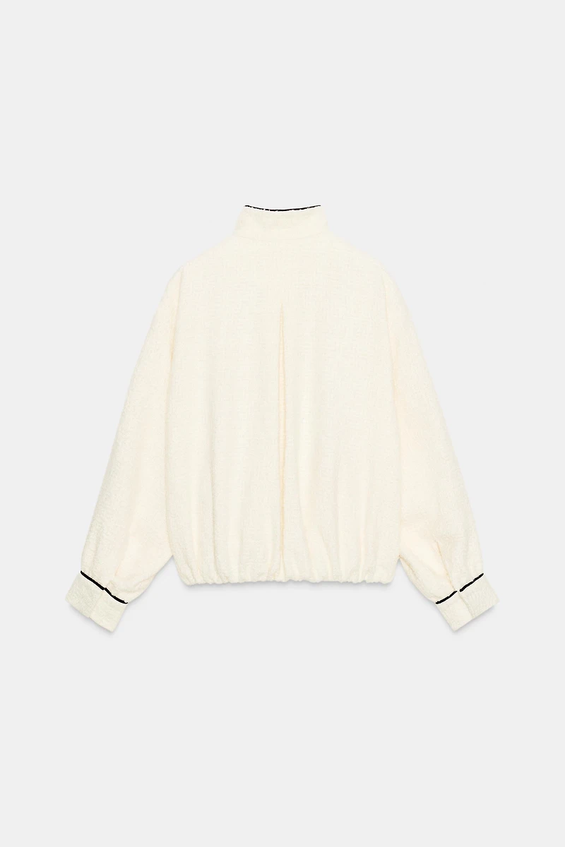 CONTRAST PIPING TEXTURED BOMBER JACKET