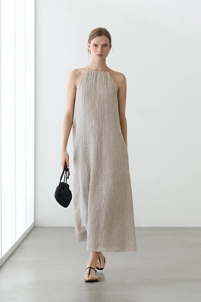 Flowing linen blend dress with gathered neckline