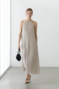 Flowing linen blend dress with gathered neckline