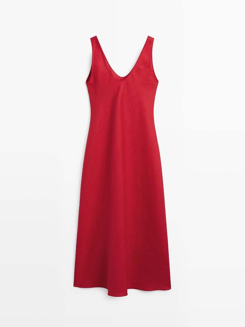100% linen strappy midi dress