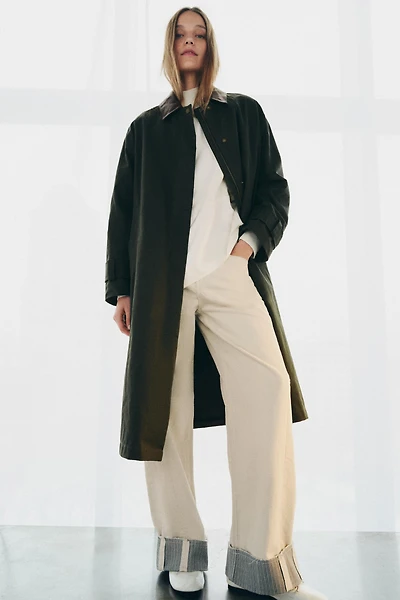 CONTRAST FAUX LEATHER COLLAR TRENCH COAT ZW COLLECTION