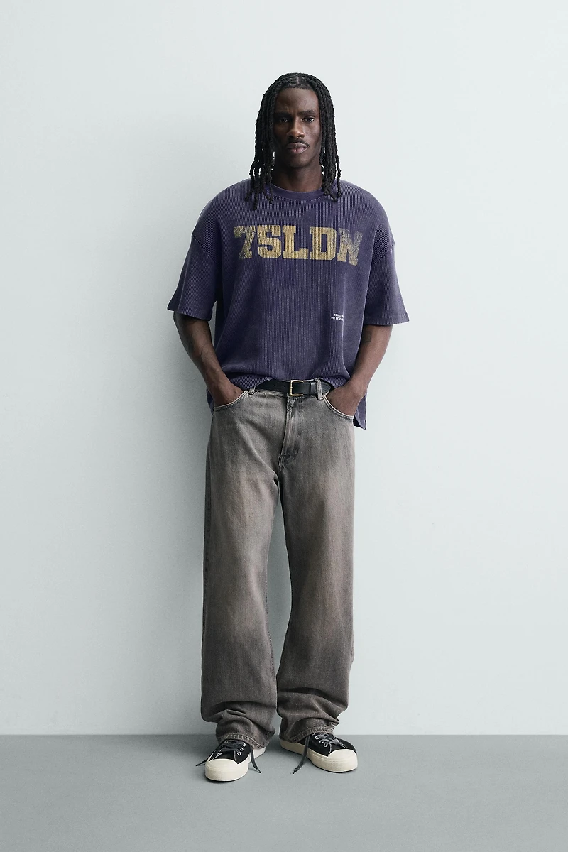 WASHED PRINTED WAFFLE WEAVE SWEATSHIRT
