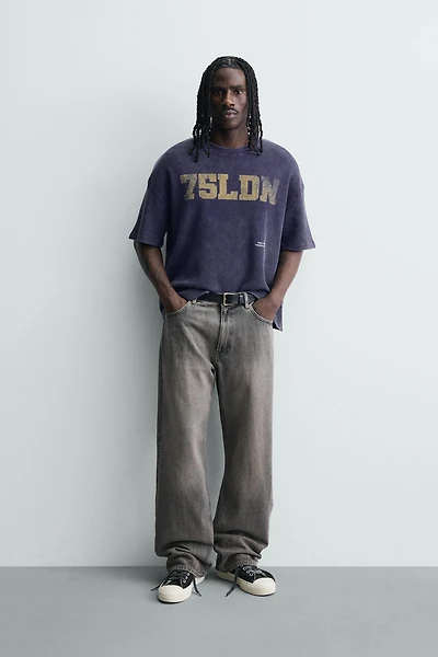 WASHED PRINTED WAFFLE WEAVE SWEATSHIRT