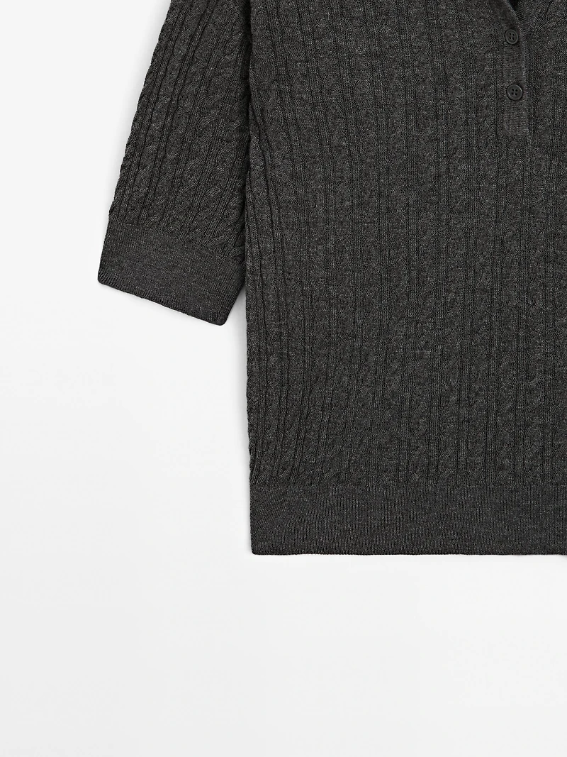 Wool blend cable-knit polo shirt