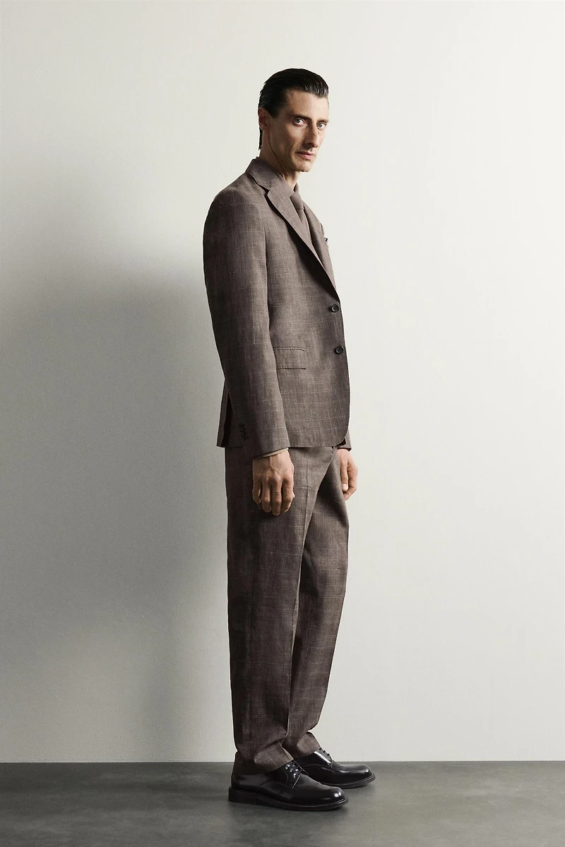 LINEN AND WOOL CHECK SUIT PANTS
