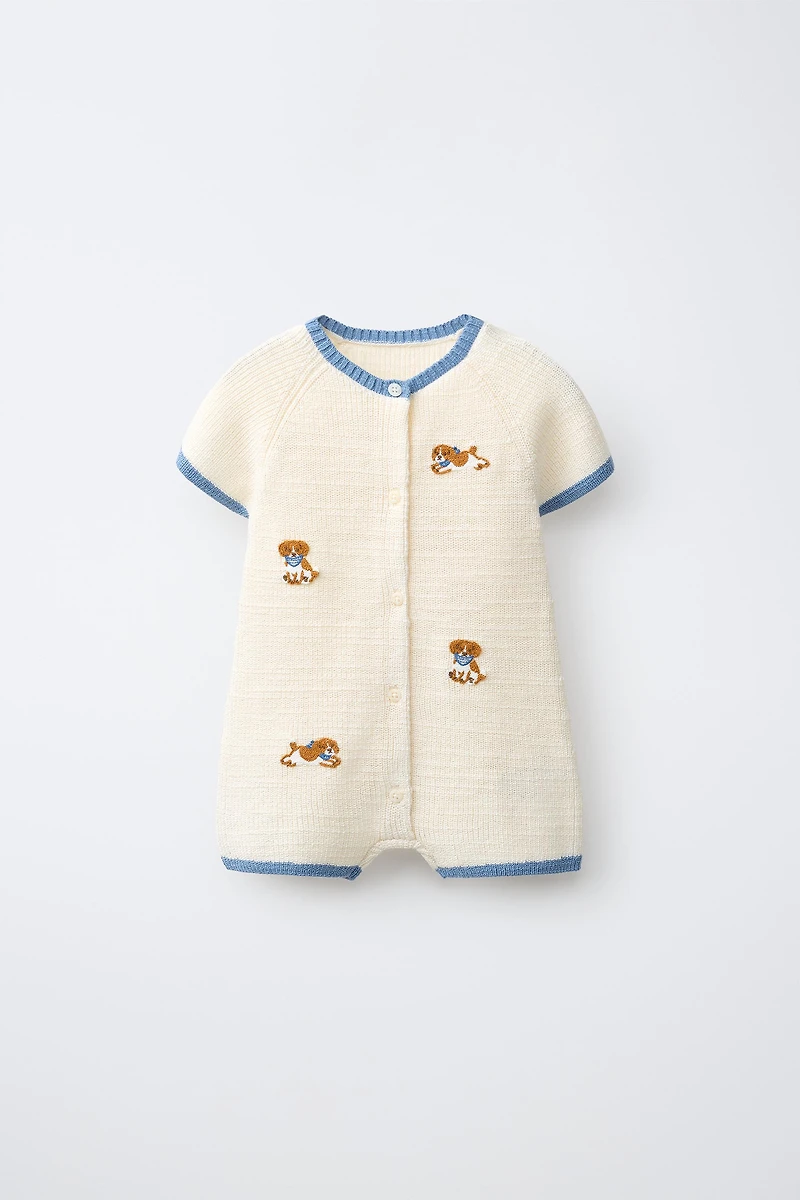 DOG PRINT KNIT SHORT JUMPSUIT