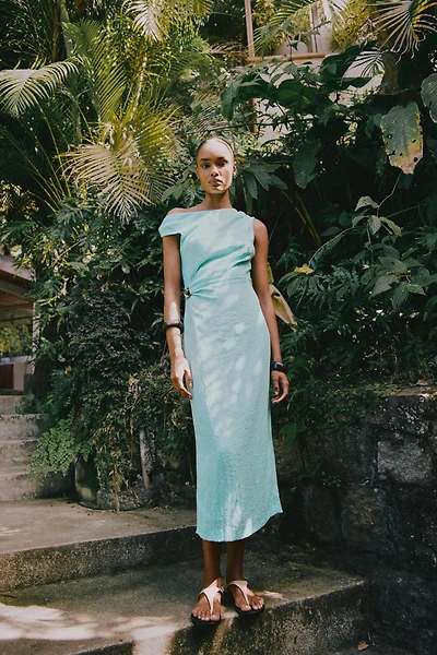 ASYMMETRIC LINEN MIDI DRESS WITH APPLIQUÉ