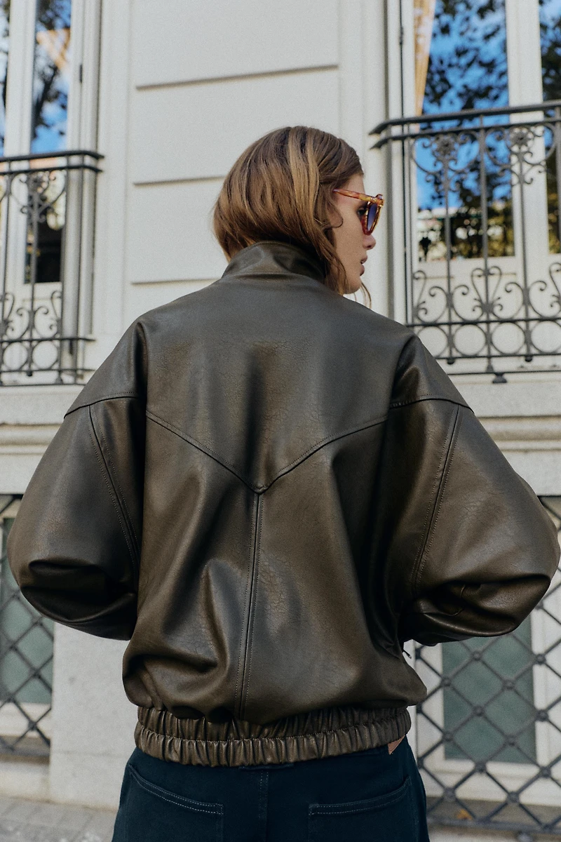 FAUX LEATHER HIGH COLLAR BOMBER JACKET