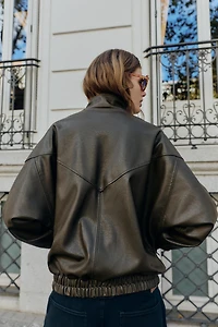 FAUX LEATHER HIGH COLLAR BOMBER JACKET