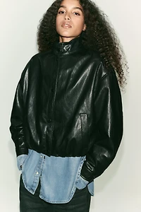 HIGH COLLAR FAUX LEATHER BOMBER JACKET
