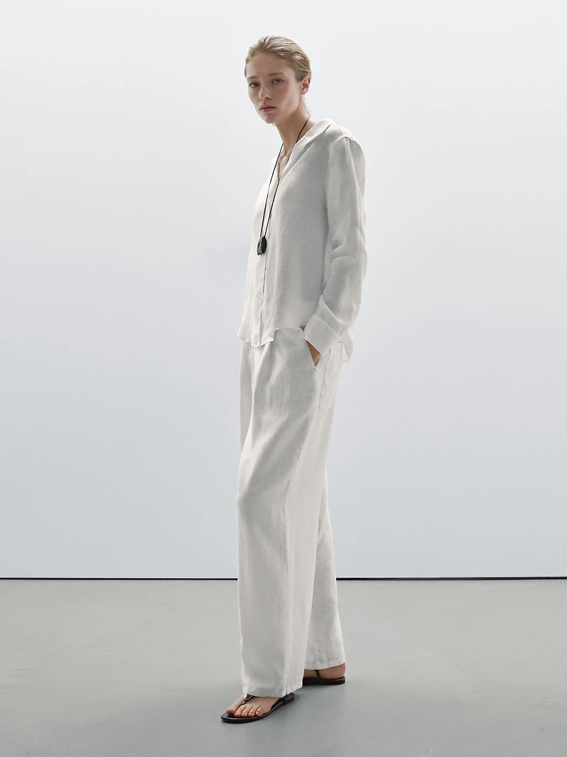 100% linen open collar shirt