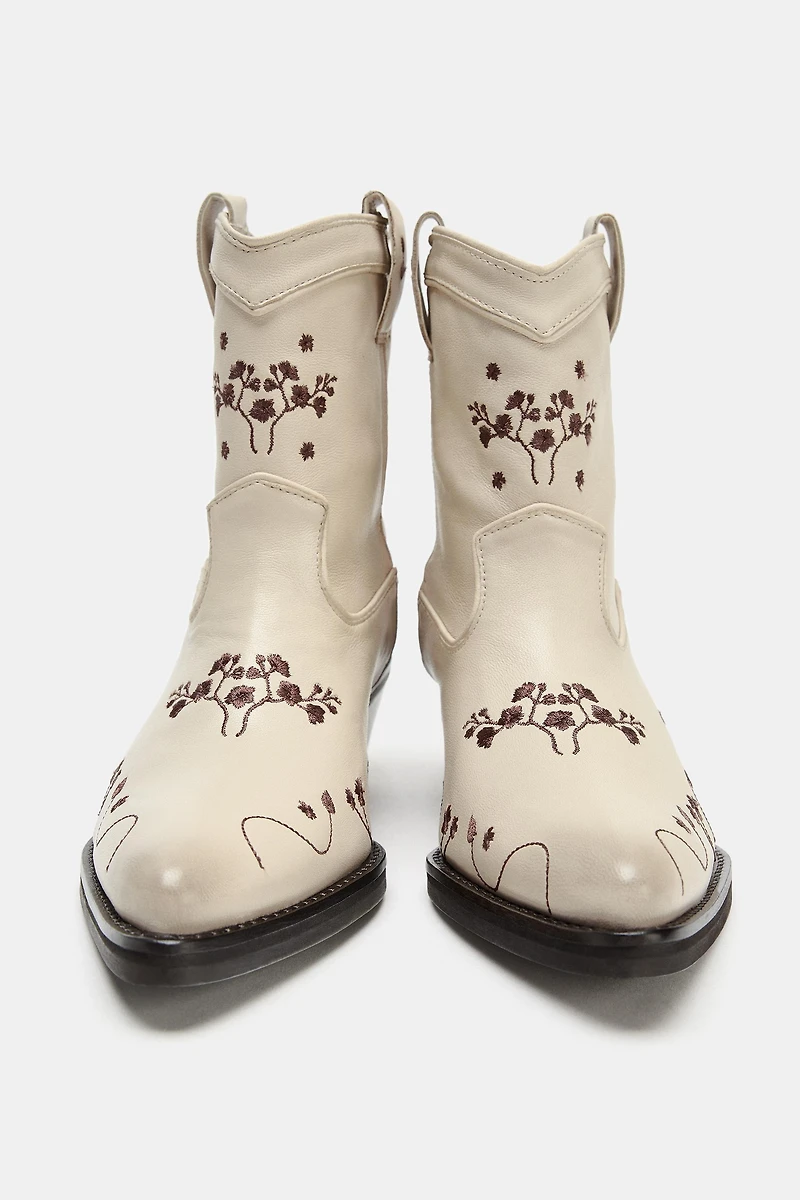 LEATHER EMBROIDERED COWBOY ANKLE BOOTS