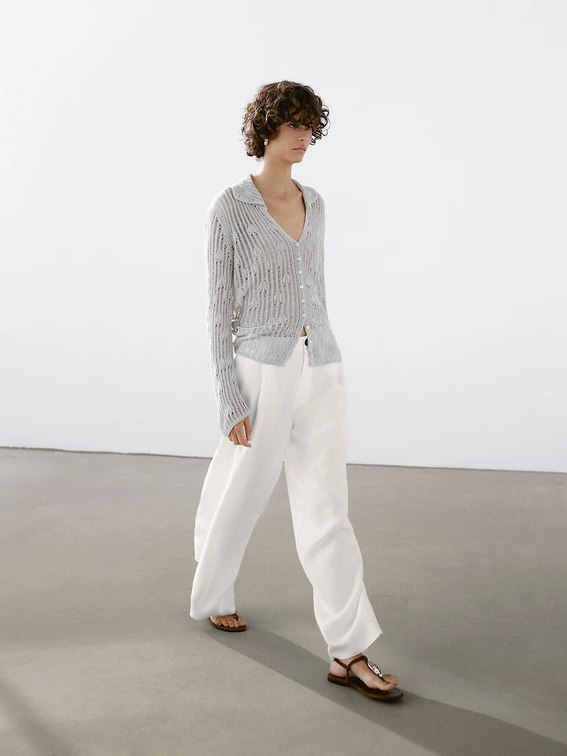 100% linen wide-leg mid-rise trousers