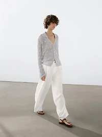 100% linen wide-leg mid-rise trousers