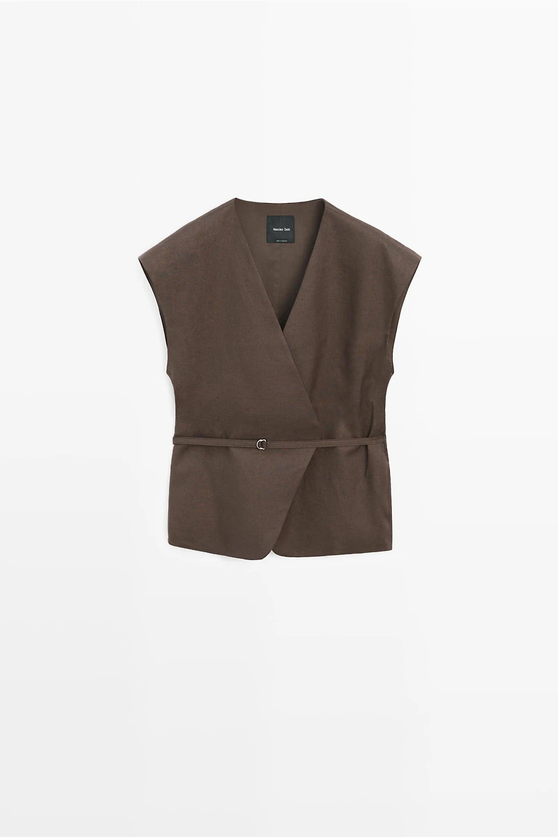 Linen blend waistcoat with wrap neckline