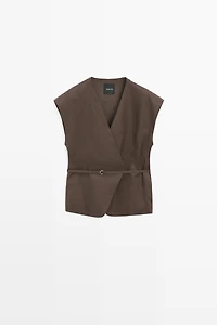 Linen blend waistcoat with wrap neckline