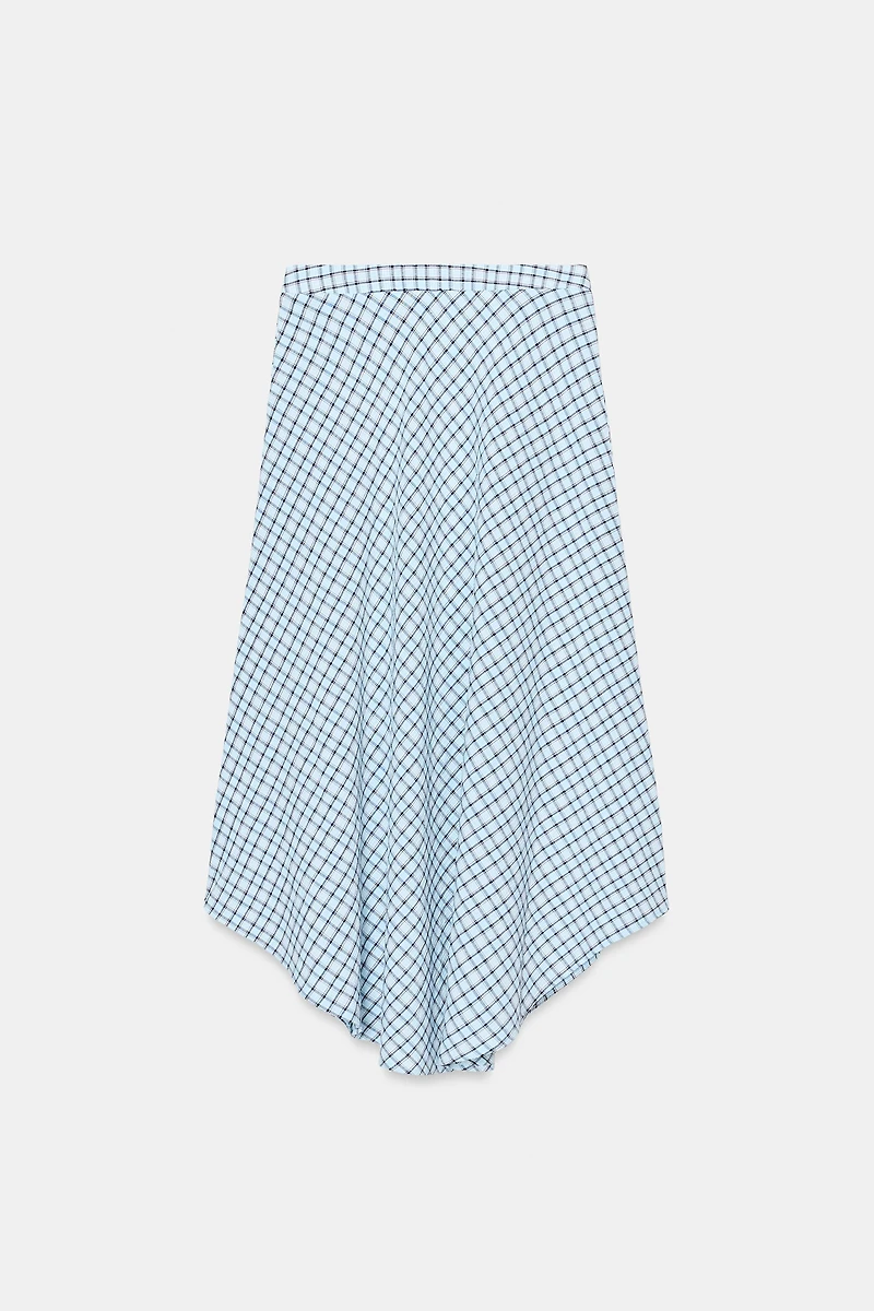 ASYMMETRIC PLAID MIDI SKIRT