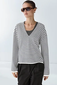 Striped V-neck knit sweater