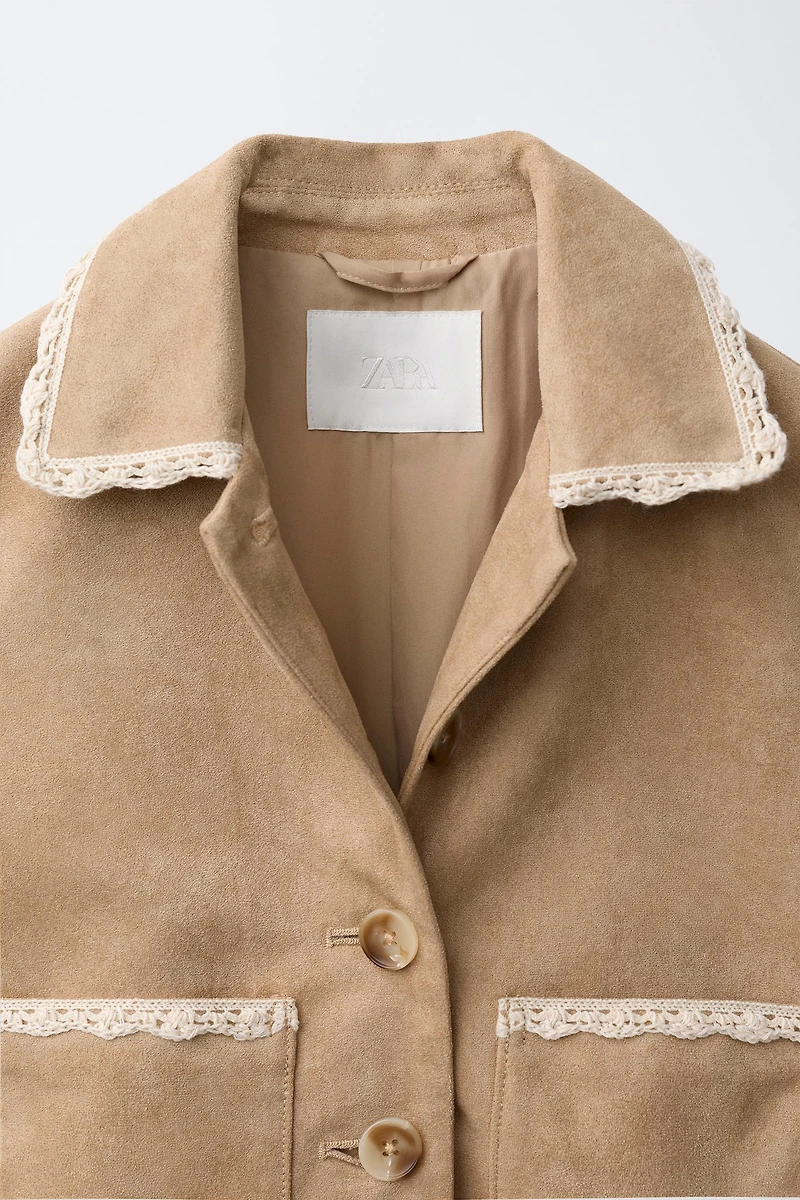 FAUX SUEDE AND LACE TRIM JACKET