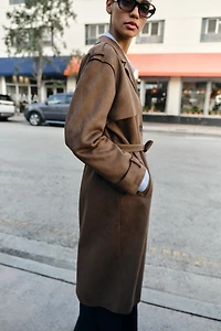 LONG SUEDE EFFECT BELTED TRENCH COAT