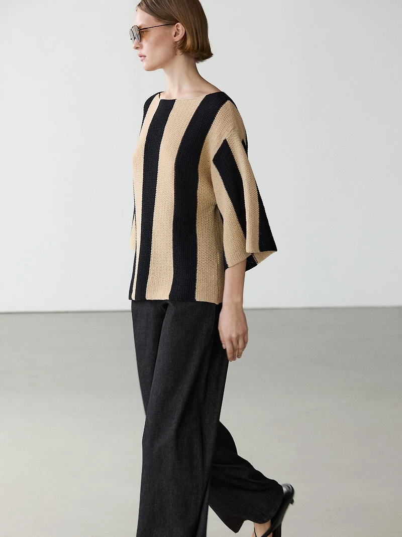Striped cotton blend knit sweater