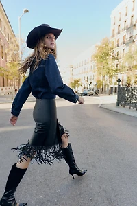 FAUX LEATHER FRINGED MIDI SKIRT