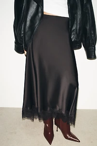 SATIN EFFECT LACE MIDI SKIRT