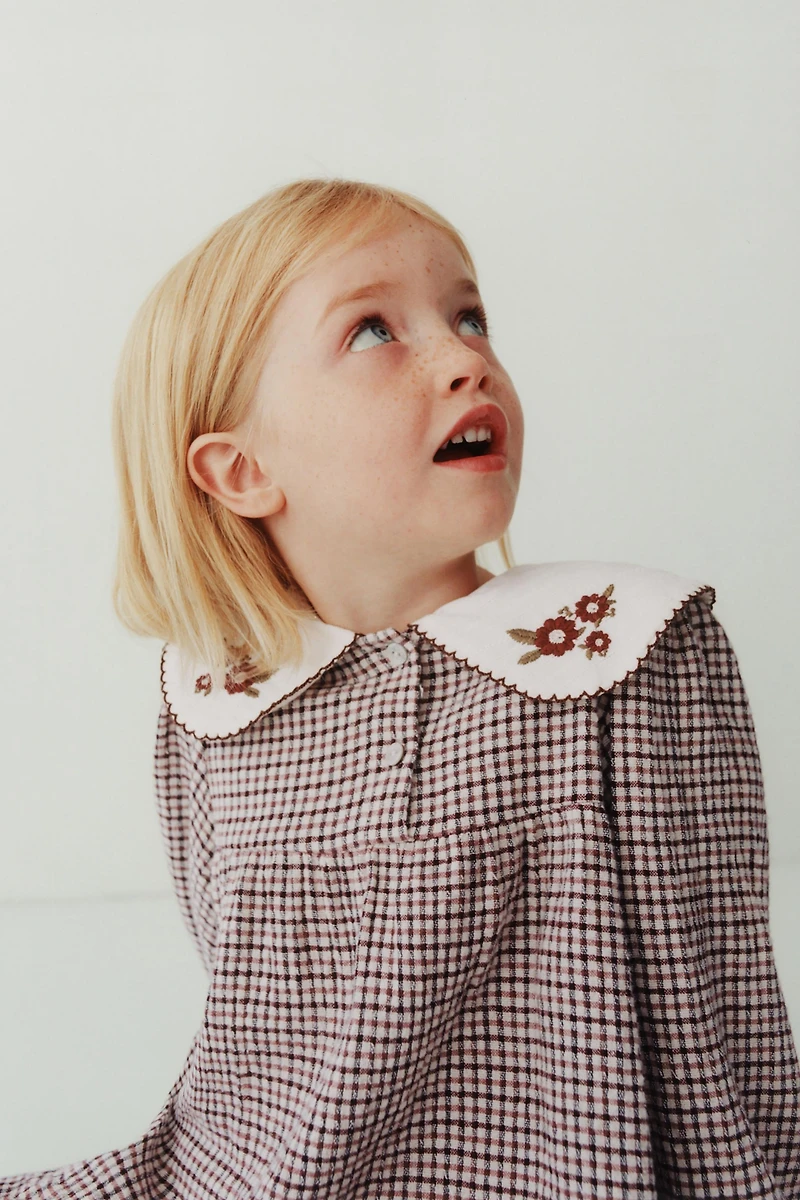 EMBROIDERED COLLAR PLAID TEXTURED DRESS