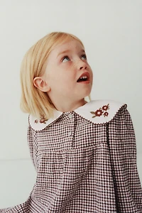 EMBROIDERED COLLAR PLAID TEXTURED DRESS