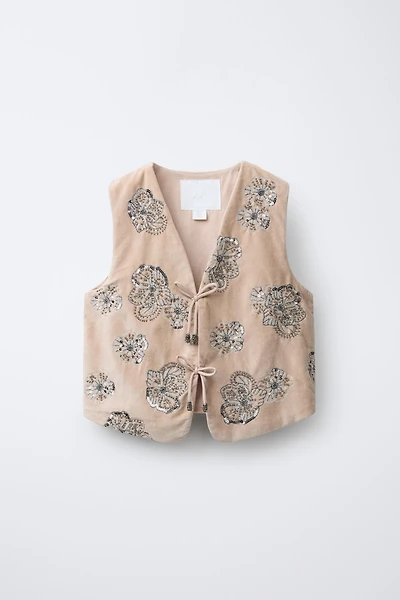 SEQUIN EMBROIDERED FLORAL VELVET VEST