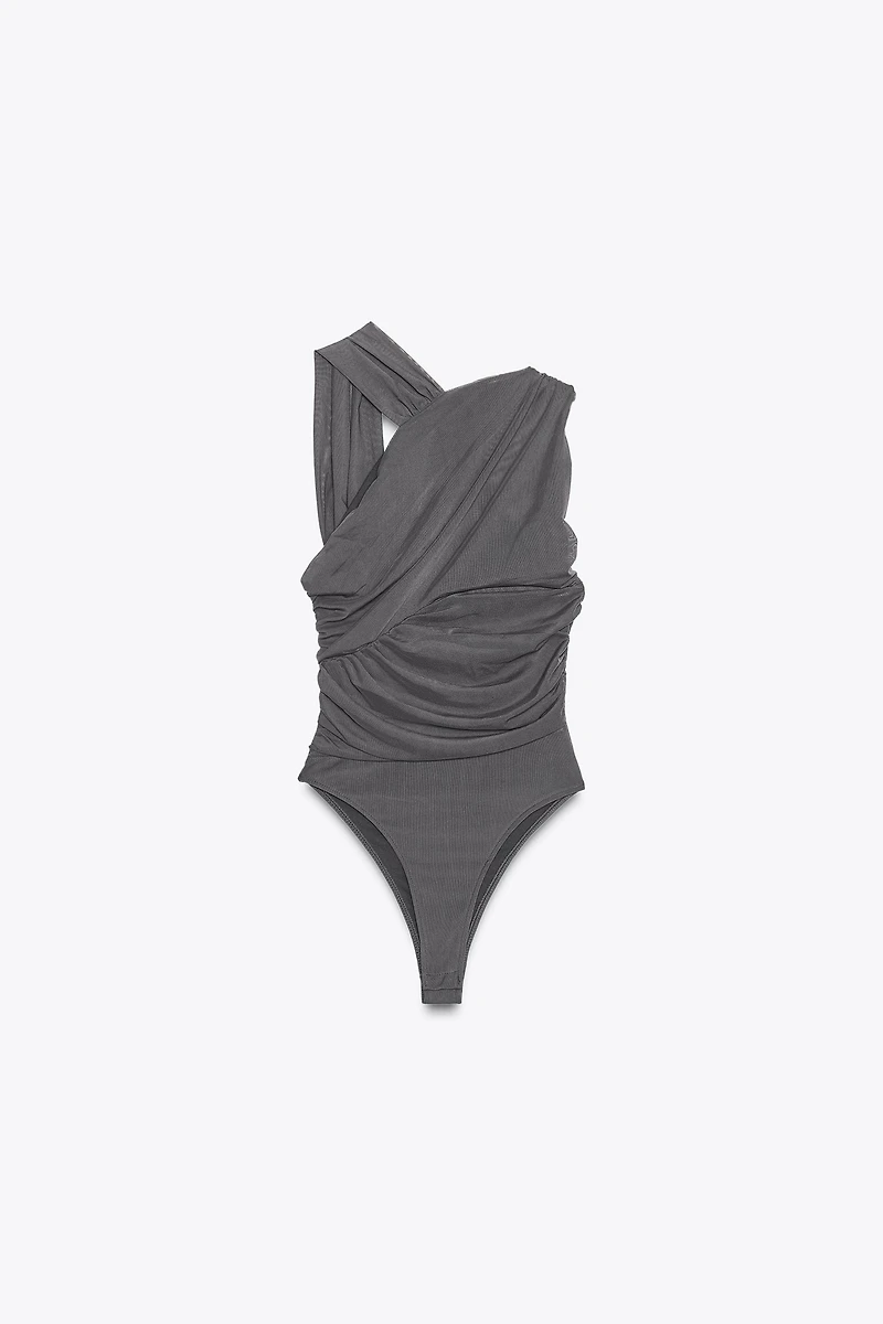 DRAPED ASYMMETRIC TULLE BODYSUIT