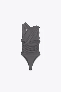 DRAPED ASYMMETRIC TULLE BODYSUIT
